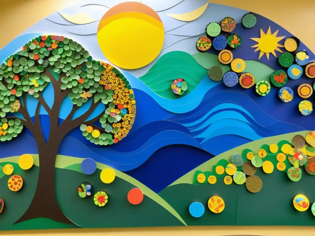 Estudiantes crean mural de paisaje natural con materiales reciclados, Proyectos de arte reciclado en educación