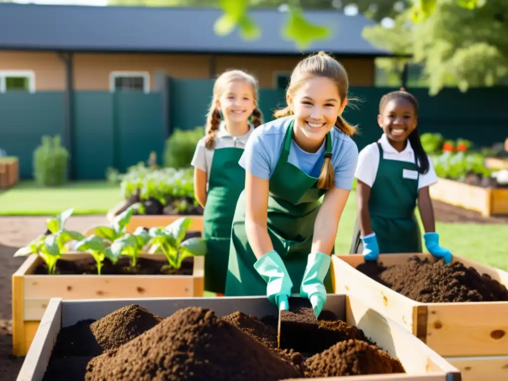 Estudiantes en patio escolar aerando compost en espacios de aprendizaje al aire libre