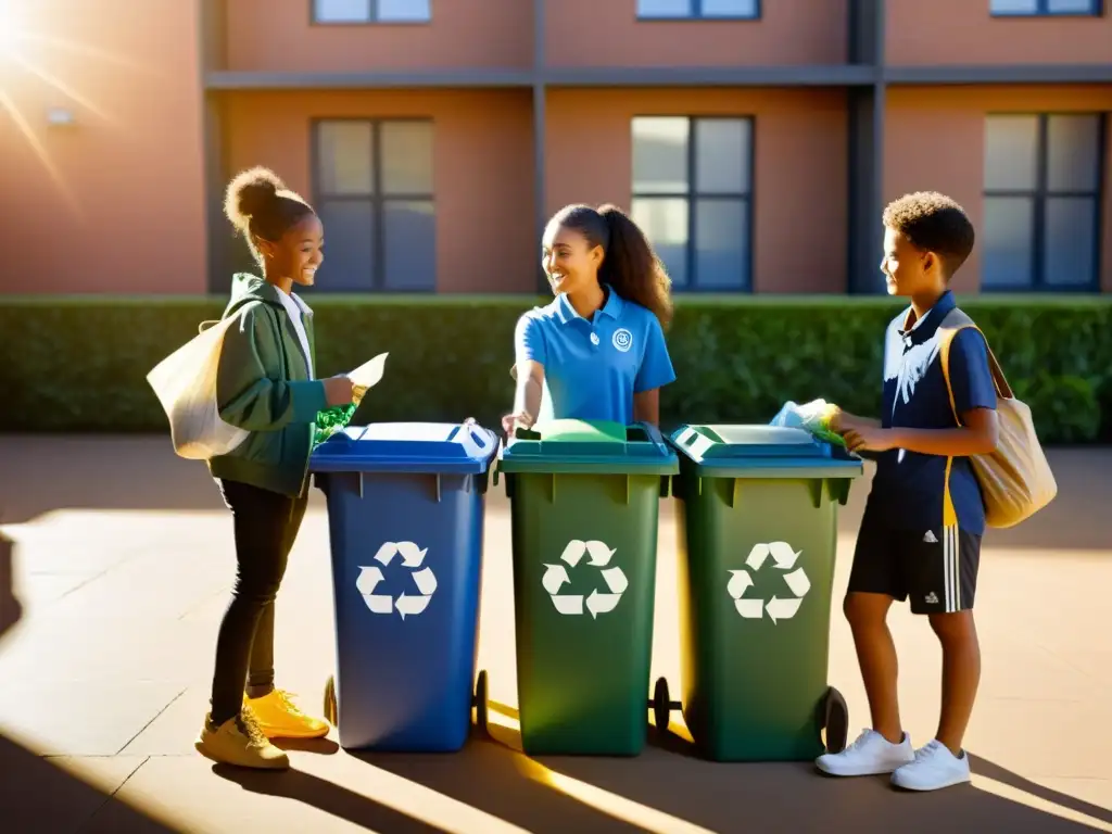 Estudiantes colaborando en un plan de reciclaje efectivo en la escuela, clasificando residuos en el patio bajo el sol