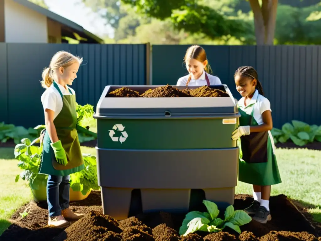 Estudiantes de primaria realizando actividad escolar compostaje orgánico en el jardín escolar, rodeados de naturaleza y entusiasmo