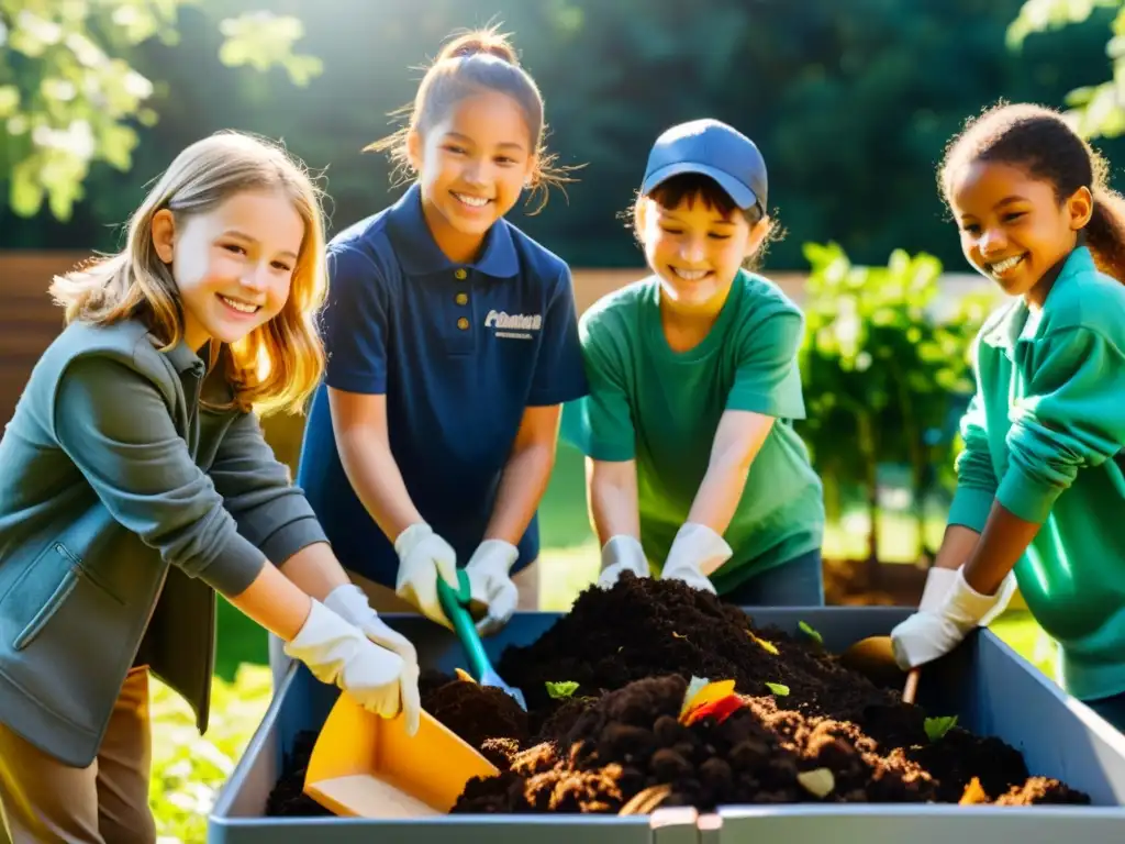 Estudiantes de primaria participan con alegría en el proyecto compostaje escolar iniciación, trabajando juntos en el jardín de la escuela bajo la cálida luz del sol