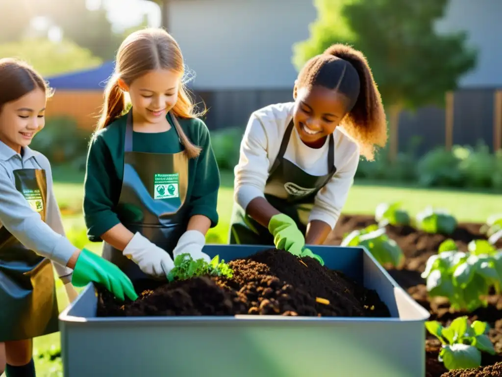 Estudiantes de primaria cuidadosamente volteando compost en el jardín escolar