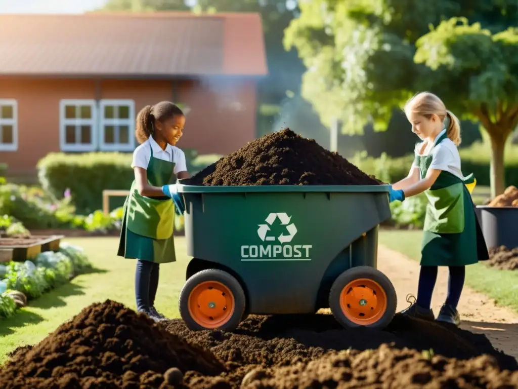 Estudiantes de primaria cuidadosamente girando compost en el jardín de la escuela