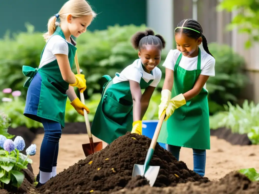 Estudiantes de primaria cuidando con entusiasmo un montón de compost en un jardín escolar soleado