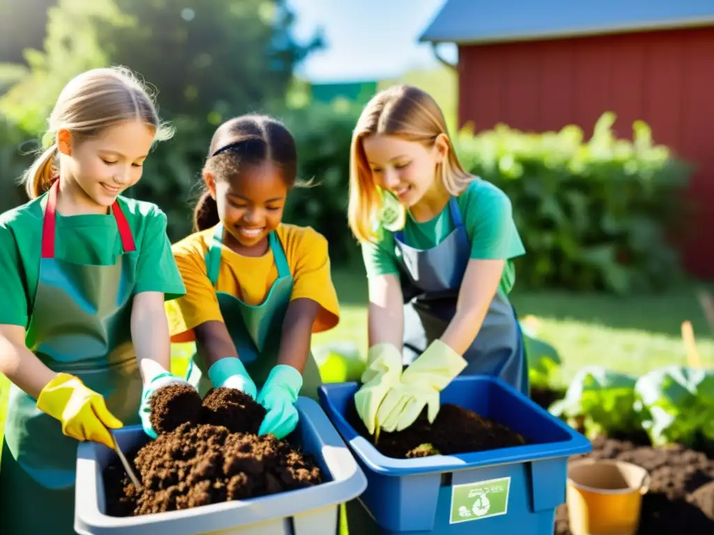 Estudiantes de primaria trabajan juntos en el compostaje y reciclaje en la escuela, mostrando compromiso y cuidado ambiental