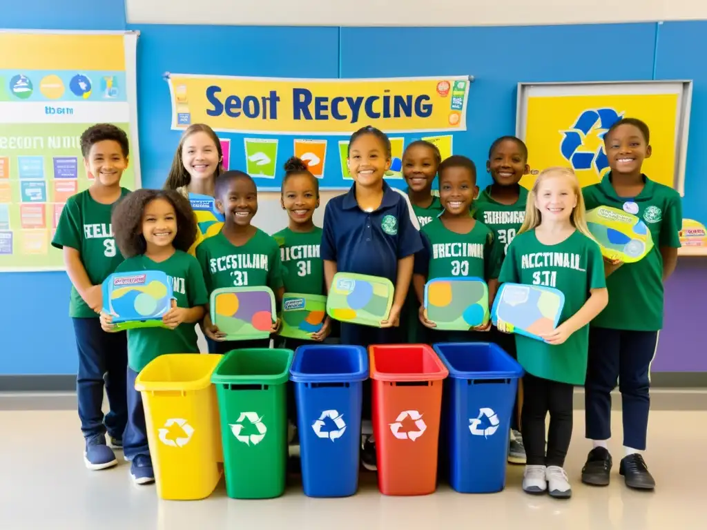 Estudiantes de primaria exhiben con orgullo sus proyectos de reciclaje en un aula luminosa