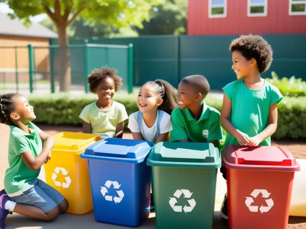 Estudiantes de primaria clasificando reciclaje en el patio de juegos, aprendiendo sobre educación ambiental de manera divertida y práctica