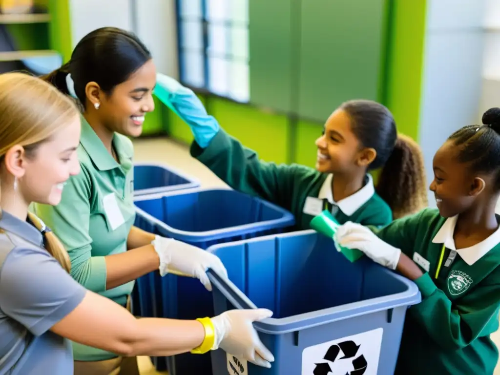 Estudiantes y profesores reciclando en la escuela, separando plástico, papel y vidrio