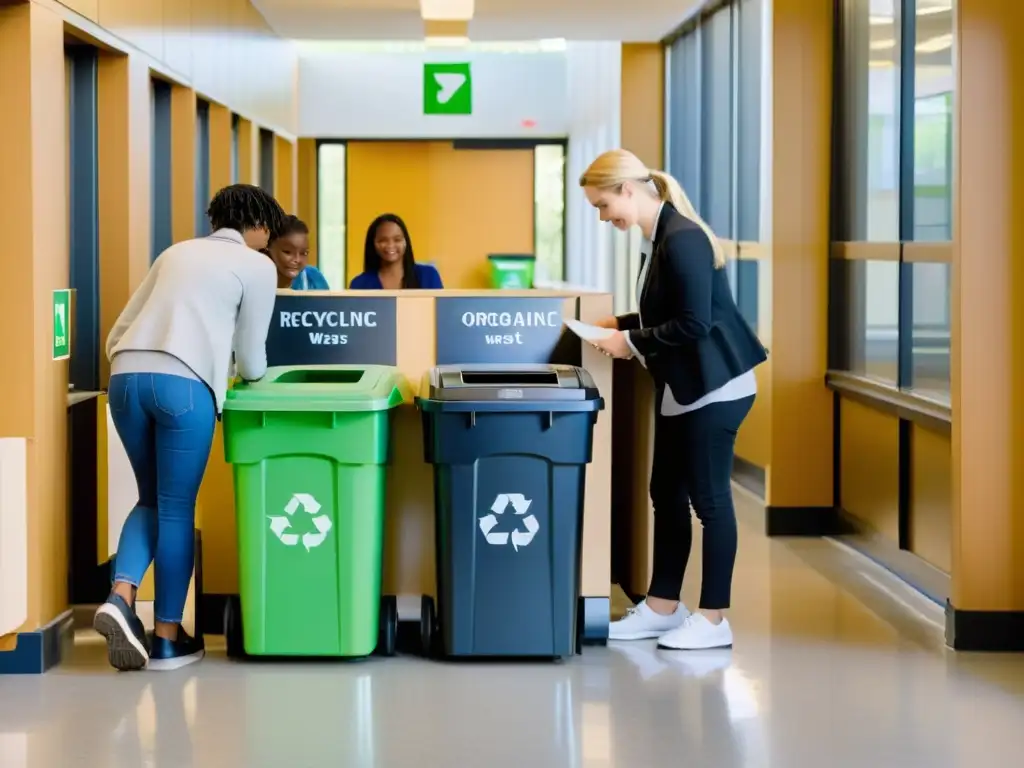 Estudiantes y profesores colaboran en estación de reciclaje en escuela, aplicando técnicas de minimización de residuos