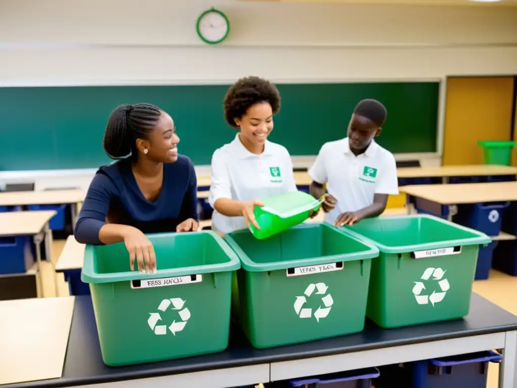 Estudiantes colaboran para clasificar y reciclar residuos en un aula limpia y luminosa