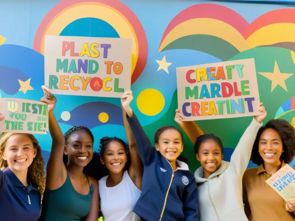 Estudiantes sonrientes en evento escolar día del reciclaje, posando frente a mural de materiales reciclados con mensajes ecológicos