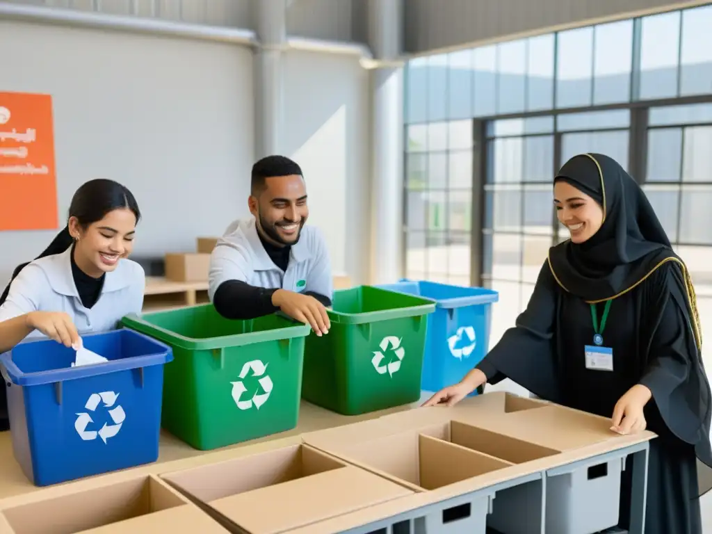 Estudiantes árabes sonrientes clasificando materiales reciclables en moderna instalación