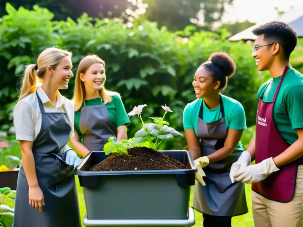 Estudiantes aprendiendo sobre tecnologías de compostaje apropiadas para escuelas en un jardín escolar comunitario