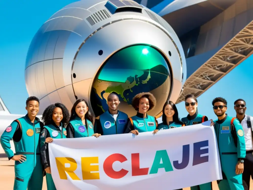 Reciclaje Interplanetario: Estudiantes en trajes espaciales frente a nave espacial futurista reciclando Estudiantes con trajes espaciales frente a nave espacial, promoviendo proyecto ciencias reciclaje temática espacial