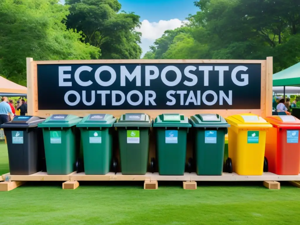 Un evento ecológico bullicioso con estación de compostaje, reciclaje y actividades educativas, transmitiendo compromiso ambiental y comunidad