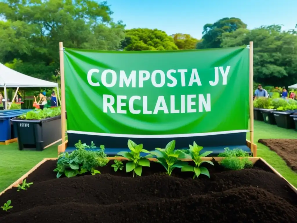 Un evento ecológico de compostaje con gente de todas las edades reciclando en un jardín comunitario