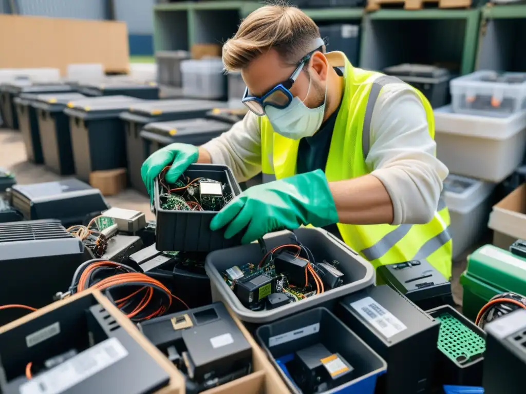 Un experto en reciclaje de residuos electrónicos en un ambiente industrial, desmontando cuidadosamente componentes electrónicos