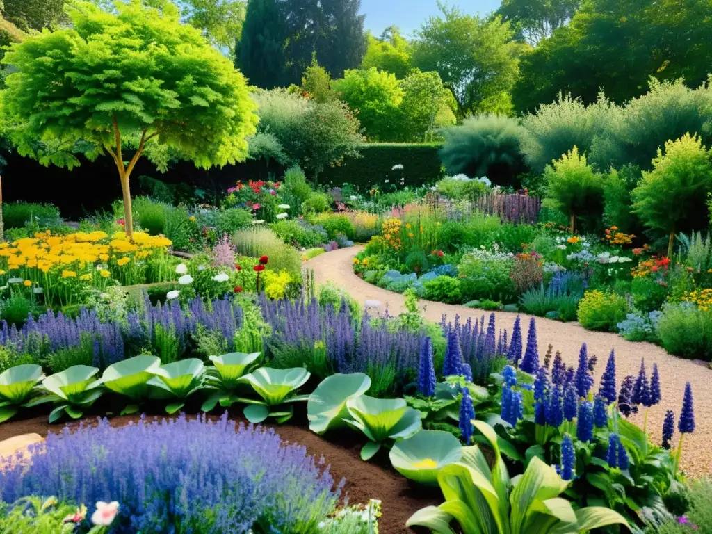 Un jardín orgánico permacultura exuberante y armonioso con camas elevadas y senderos de grava, rebosante de vegetales, flores y hierbas diversas