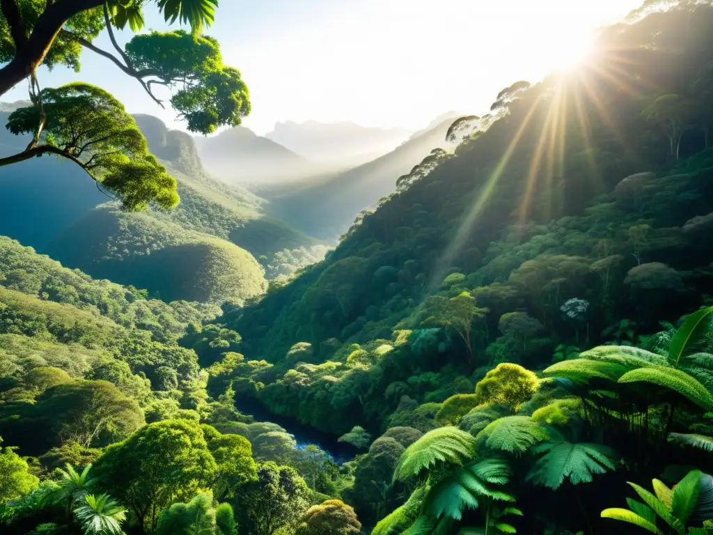 Un exuberante bosque tropical en Australia, con luz solar filtrándose a través del dosel y resaltando la diversa vegetación