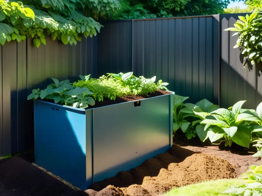 Un jardín exuberante con un compostador en una esquina, bañado por la luz del sol