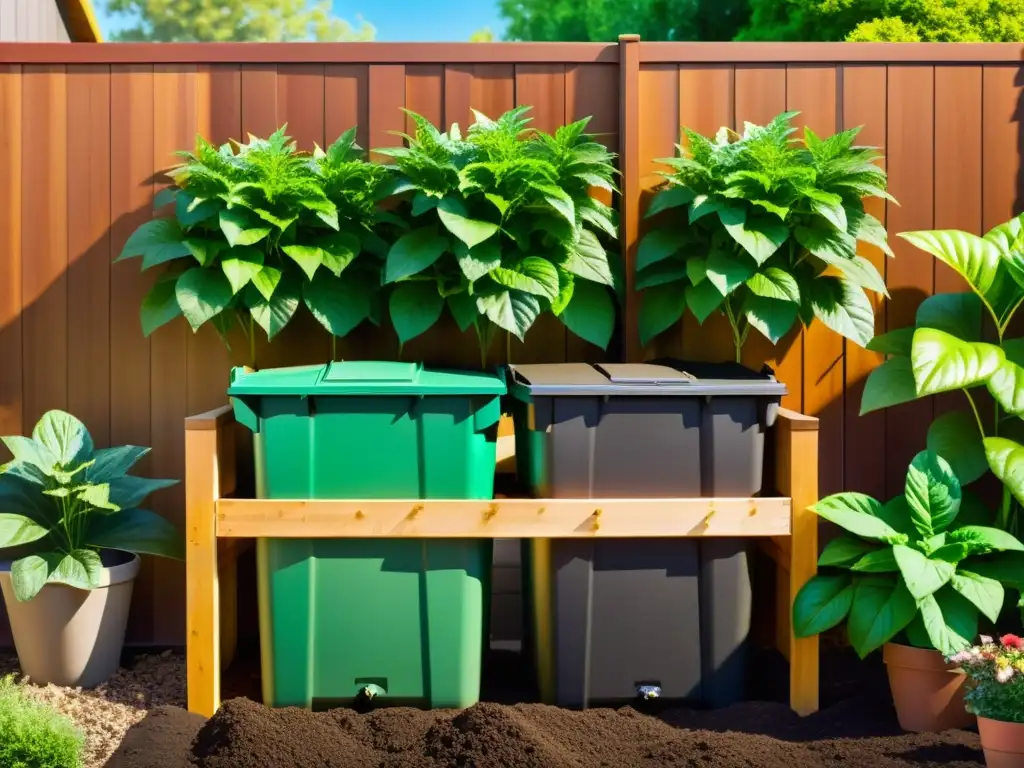 Un jardín exuberante con compostaje en casa, reflejando armonía y sostenibilidad