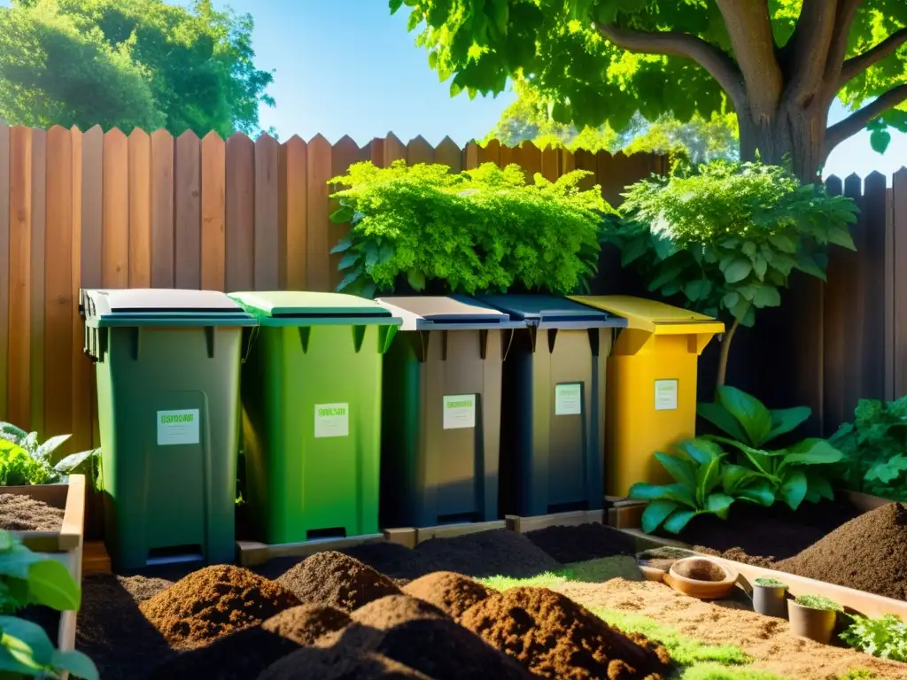 Un jardín exuberante con compostaje en casa, mostrando las mejores técnicas de compostaje en casa en un entorno ecofriendly y vibrante