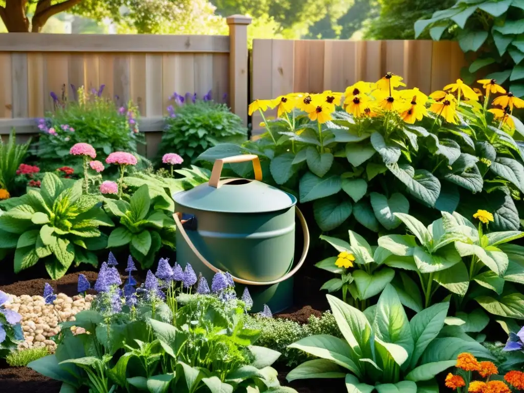 Jardín exuberante con compostaje en el hogar sostenible, entre flores vibrantes y plantas prósperas