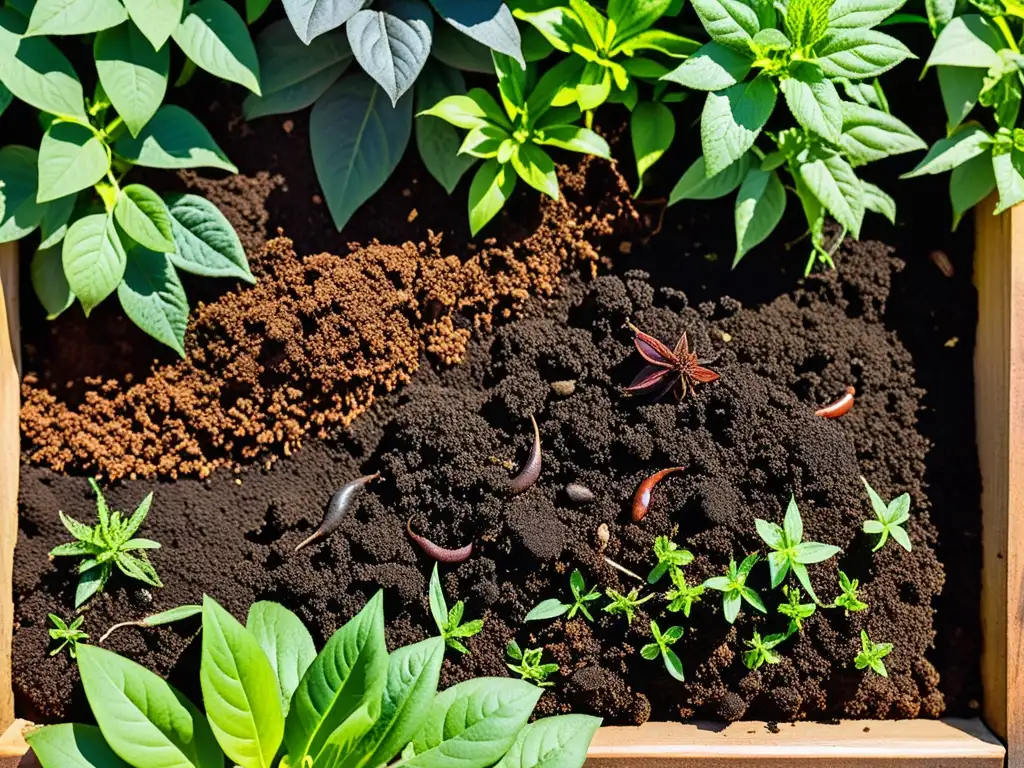 Un jardín exuberante con compostaje para plantas saludables, raíces profundas y vitalidad vibrante bajo la luz del sol