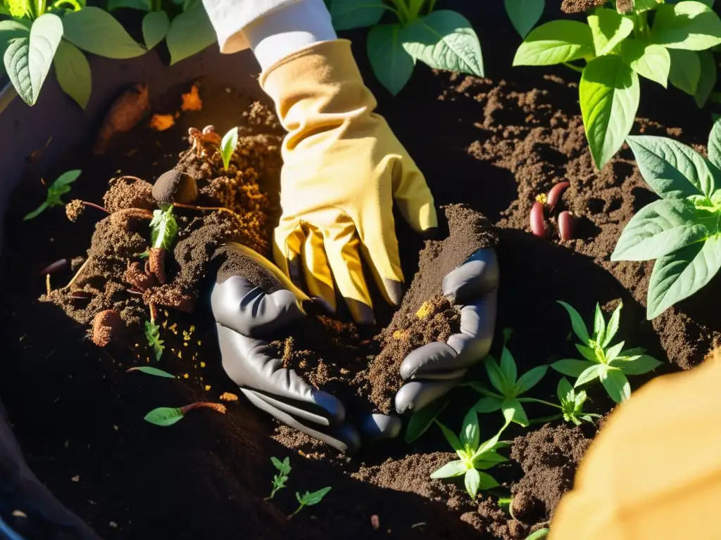 Un jardín exuberante donde se mezcla compostaje para revitalizar suelos empobrecidos, con raíces y lombrices visibles en la tierra fértil