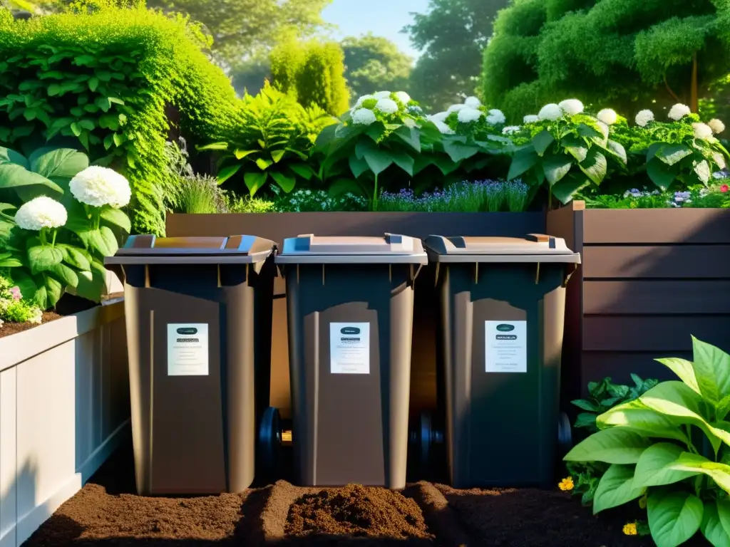 Jardín sostenible: compostaje en armonía Un jardín exuberante con composteras ordenadas, rodeadas de flores en flor y vegetación próspera