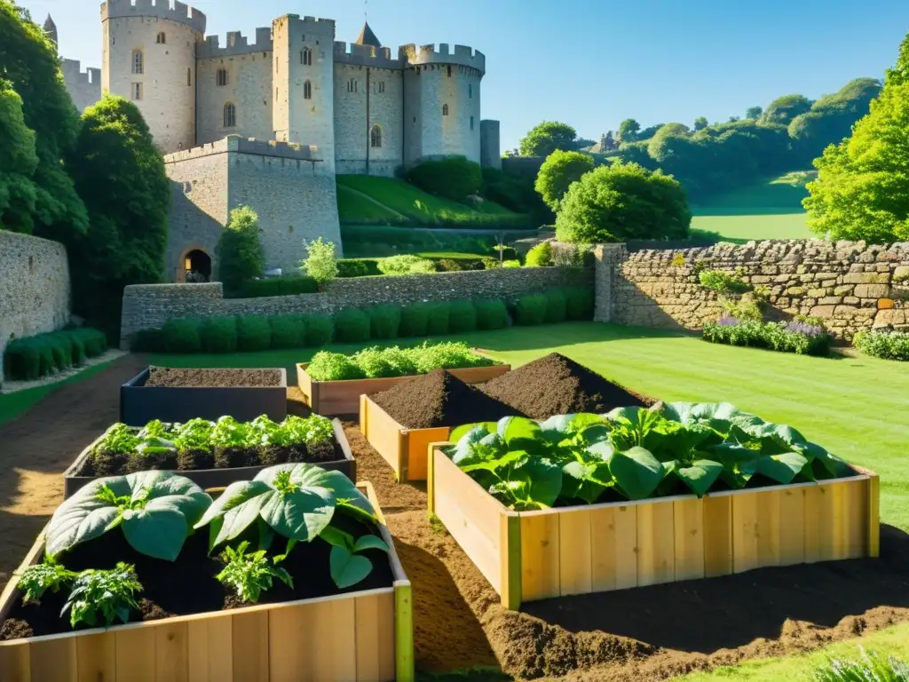 Jardín exuberante con composteras ordenadas, rodeado de murallas medievales y un majestuoso castillo en la colina