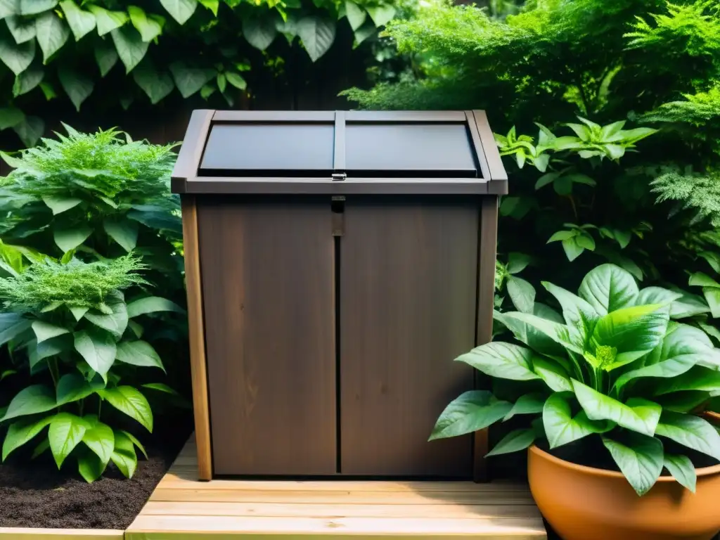 Un jardín exuberante rodea un compostero de madera envejecida, con vapor saliendo de la tierra oscura