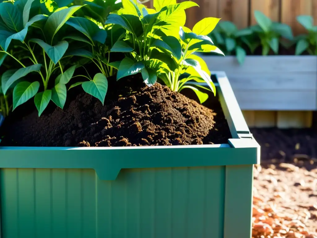 Un jardín exuberante cubierto de compost rico, con luz solar filtrándose entre las hojas verdes