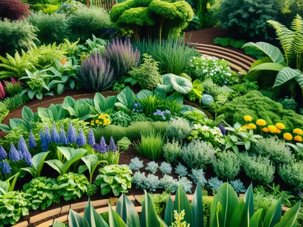 Un jardín orgánico permacultura exuberante y detallado, con plantas vibrantes entrelazadas en patrones curvos y senderos serpenteantes