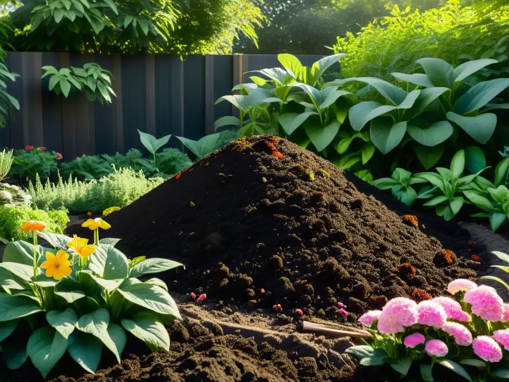 Un jardín exuberante con flores coloridas y plantas verdes, destacando la transformación de desechos en recursos