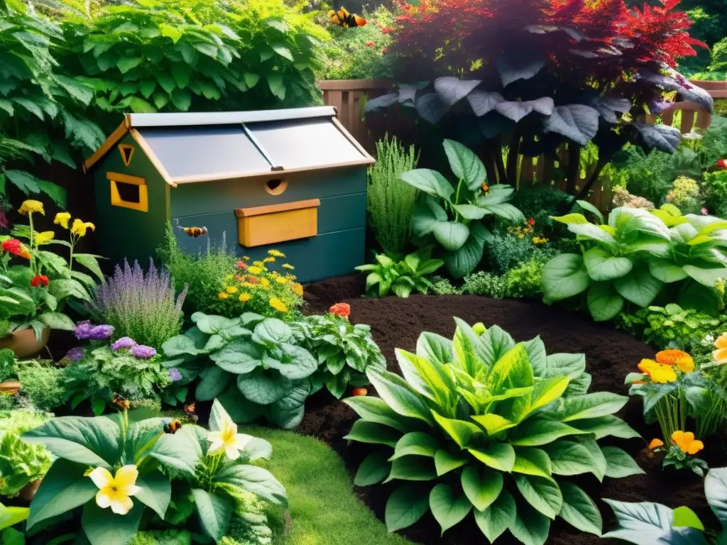 Un jardín exuberante con frutas, verduras y flores orgánicas