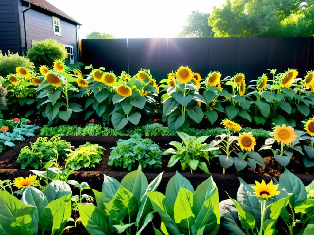 Jardín exuberante con frutas, verduras y flores en compostaje rico