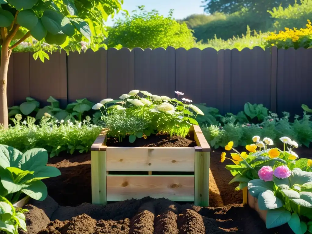 Un jardín exuberante con hileras de vegetales y flores rodeado por un compostador de madera