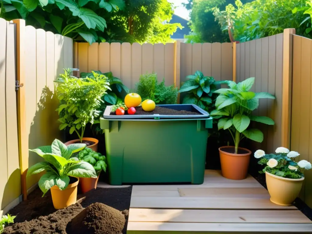 Un exuberante jardín trasero repleto de frutas, verduras y flores, nutridas por compostaje casero