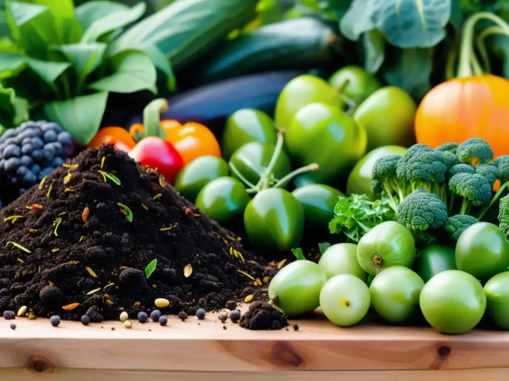 Un jardín exuberante, lleno de frutas y verduras, con detallados montones de compost en el fondo