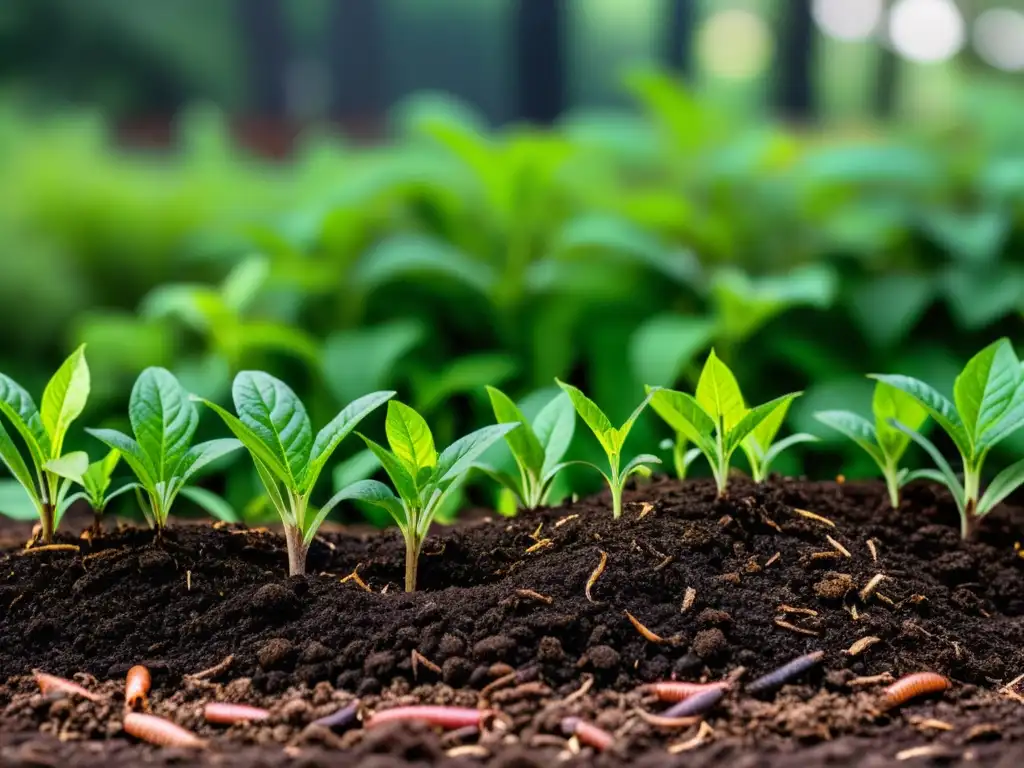 Jardín exuberante con mulch de compost, iluminado por el sol