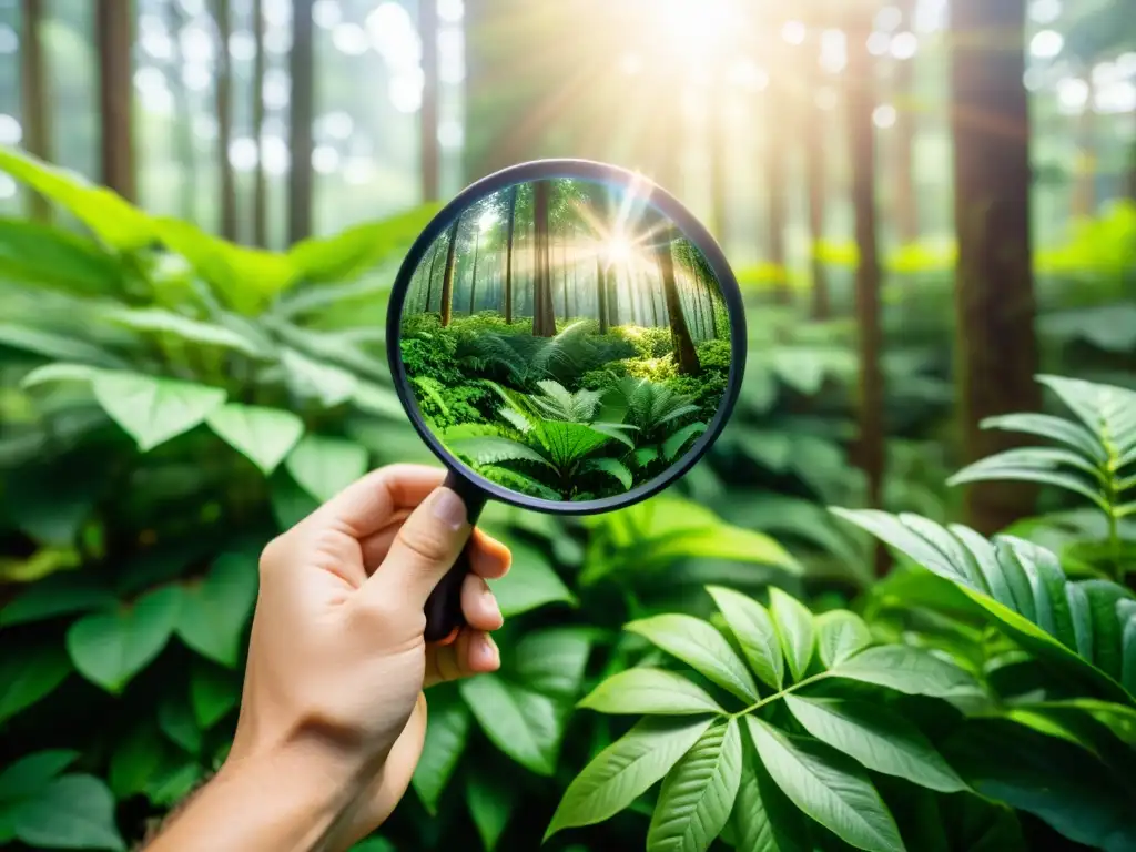 Explorando la exuberante naturaleza con una lupa, resaltando sus detalles