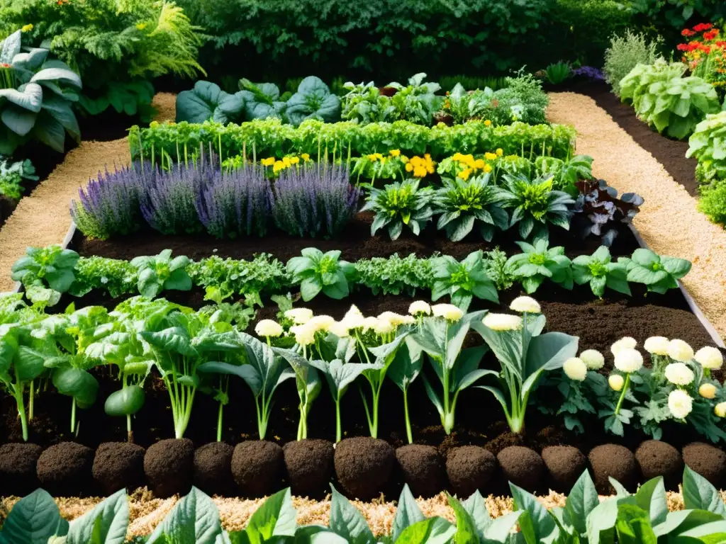 Un exuberante jardín orgánico con hileras de vegetales, cubiertos de compost oscuro