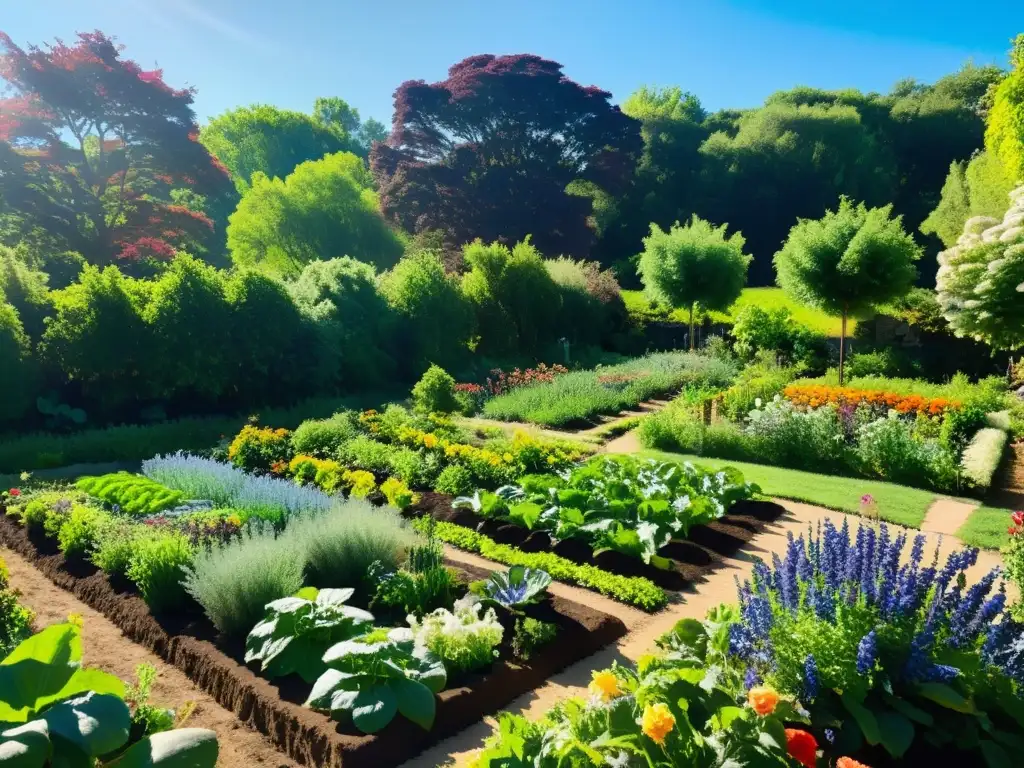 Un exuberante jardín orgánico permacultural rebosante de vida, armonía y abundancia natural