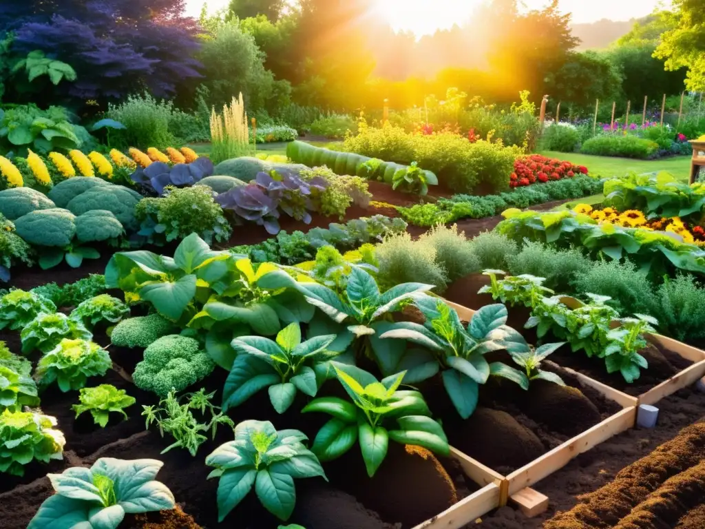 Un exuberante jardín orgánico rebosante de vida bajo el cálido sol, con soluciones orgánicas para jardín saludable