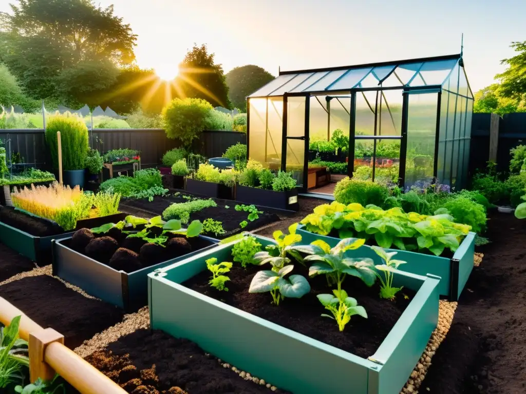 Un jardín exuberante de permacultura con camas elevadas llenas de compost oscuro