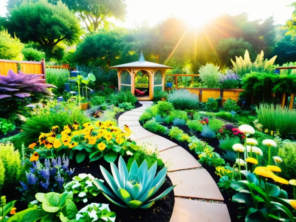 Un exuberante jardín permacultural sostenible rebosante de vida, con frutas, verduras y flores