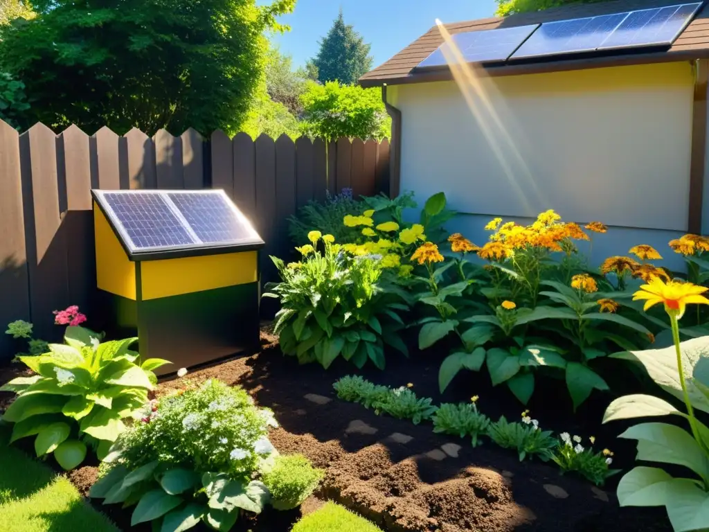 Un jardín exuberante con plantas y flores vibrantes, un pequeño compostador y un hogar sostenible con paneles solares