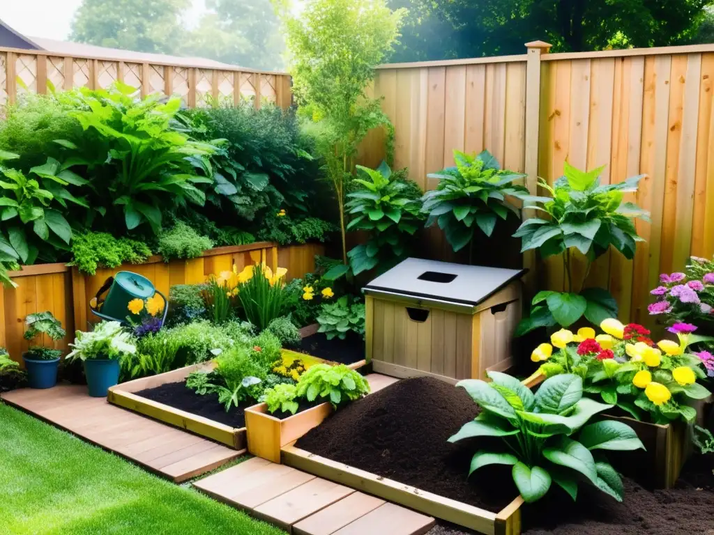 Un jardín exuberante con plantas verdes y flores coloridas, rodeado de una valla de madera