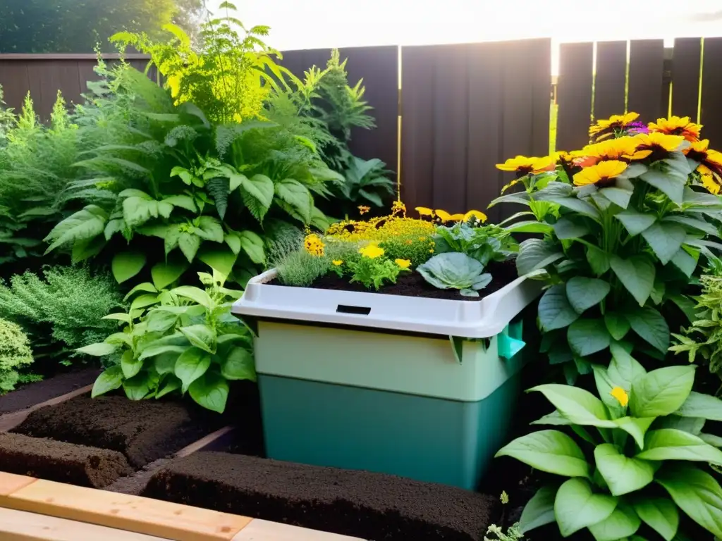 Jardín exuberante con compostaje natural Un jardín exuberante con plantas verdes y flores coloridas, un compostaje natural rodeado de vida y belleza